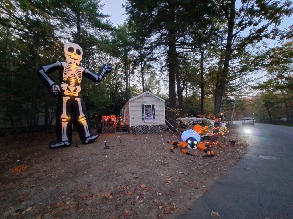Halloween decorations outside of a cabin at Point Sebago Resort in Casco, Maine.