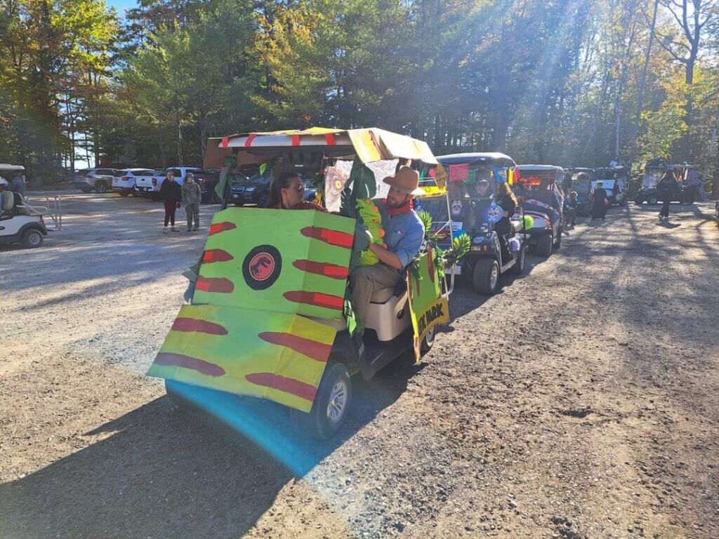 Decorated golf cart at the Halloween Parade in Point Sebago in Maine.