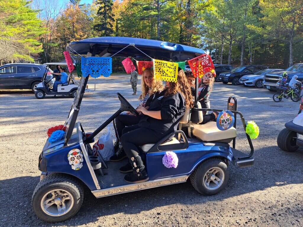 Decorated golf cart at the Halloween Parade in Point Sebago in Maine.