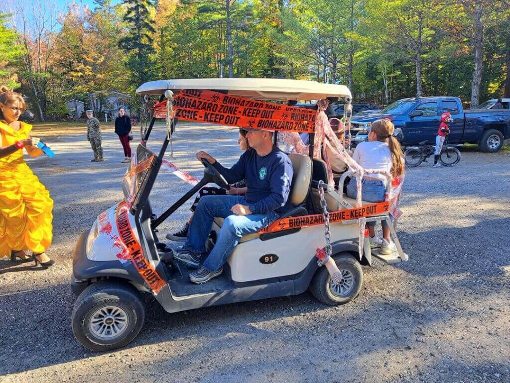 Decorated golf cart at the Halloween Parade in Point Sebago in Maine.