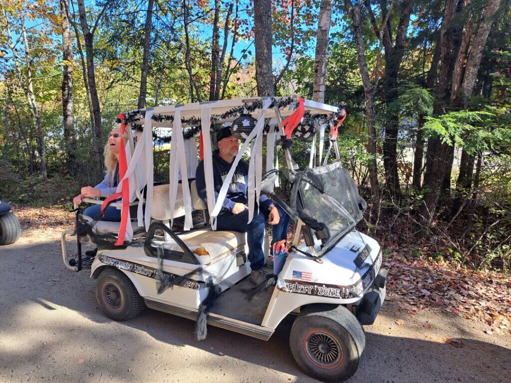 Decorated golf cart at the Halloween Parade in Point Sebago in Maine.