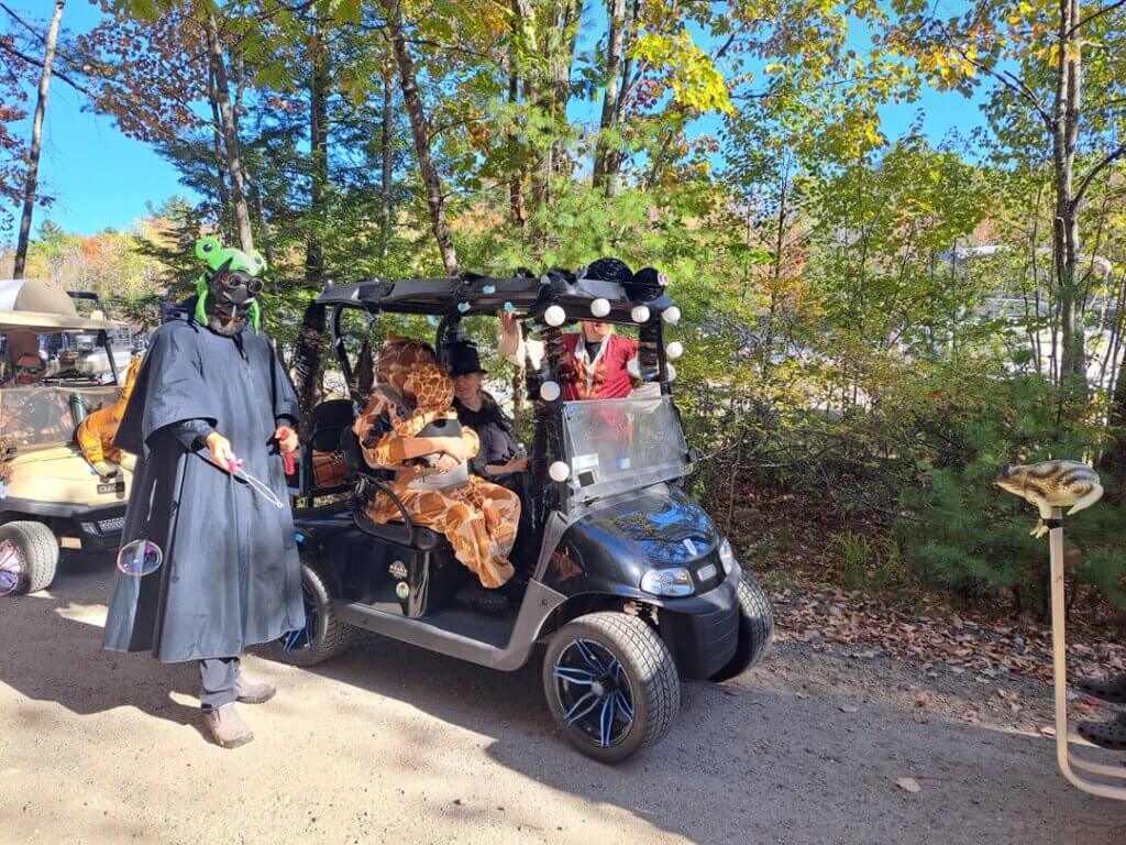 Decorated golf cart at the Halloween Parade in Point Sebago in Maine.