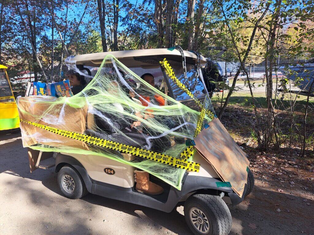 Decorated golf cart at the Halloween Parade in Point Sebago in Maine.