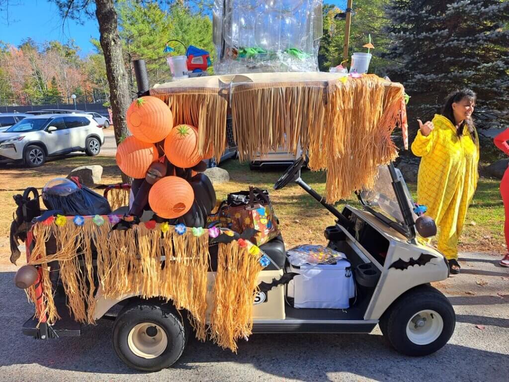 Decorated golf cart at the Halloween Parade in Point Sebago in Maine.