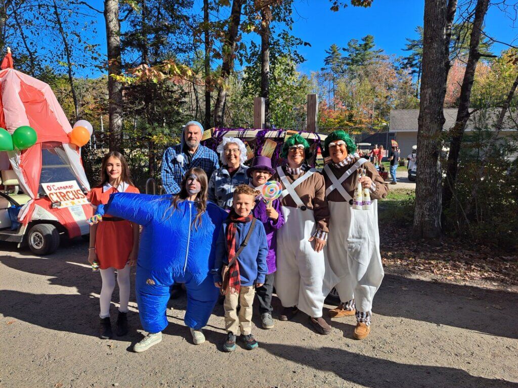Decorated Willy Wonka golf cart at the Halloween Parade in Point Sebago in Maine.