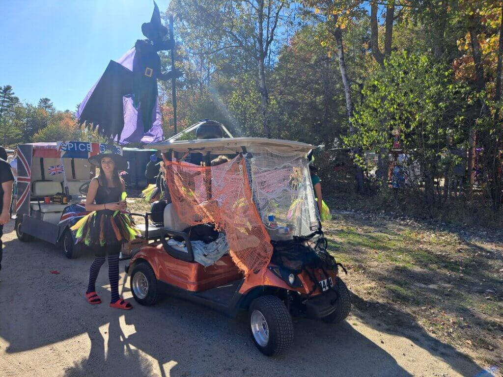 Decorated golf cart at the Halloween Parade in Point Sebago in Maine.