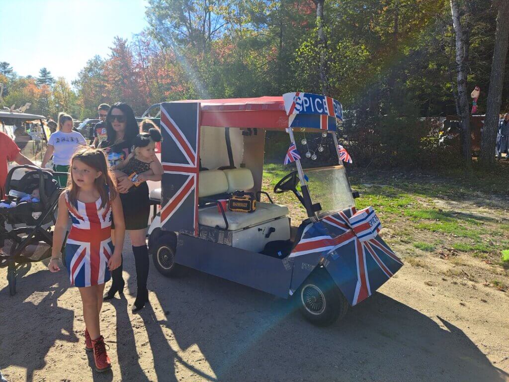 Decorated Spice Girl golf cart at the Halloween Parade in Point Sebago in Maine.