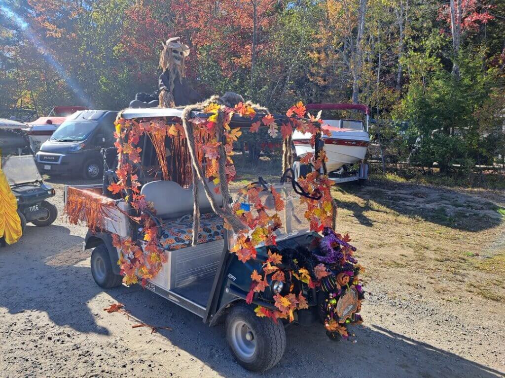 Decorated golf cart at the Halloween Parade in Point Sebago in Maine.