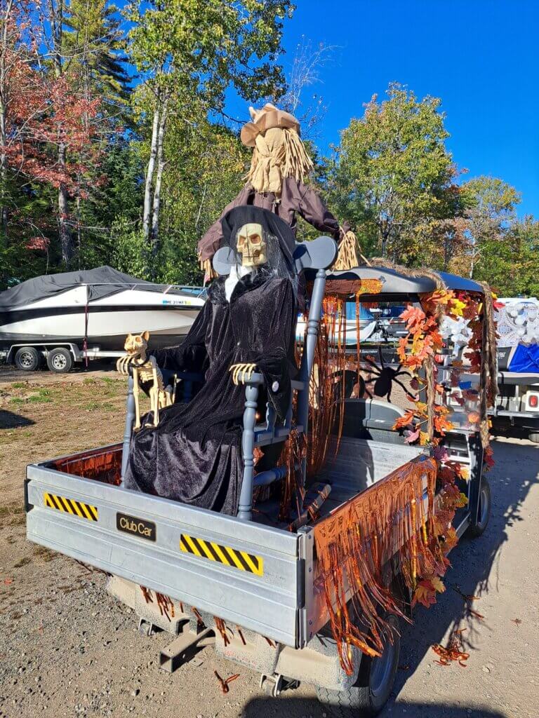 Decorated golf cart at the Halloween Parade in Point Sebago in Maine.