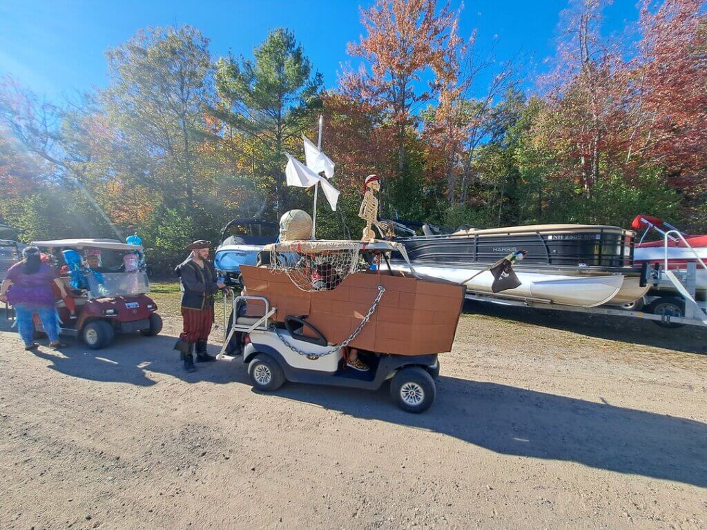 Decorated golf cart at the Halloween Parade in Point Sebago in Maine.