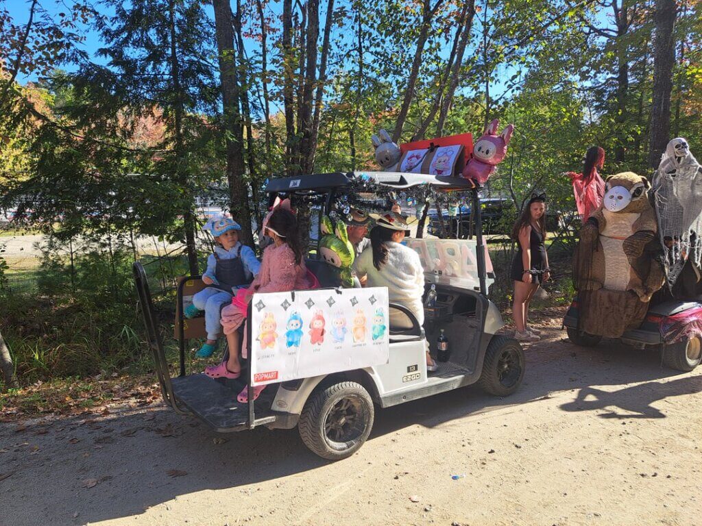 Golf cart decorated for the 2025 Halloween Parade at Point Sebago Resort in Casco, Maine.