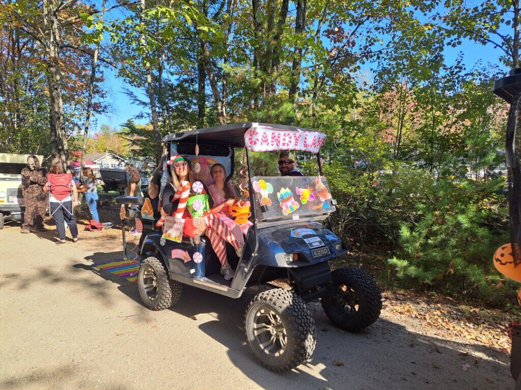 Golf cart decorated for the 2025 Halloween Parade at Point Sebago Resort in Casco, Maine.