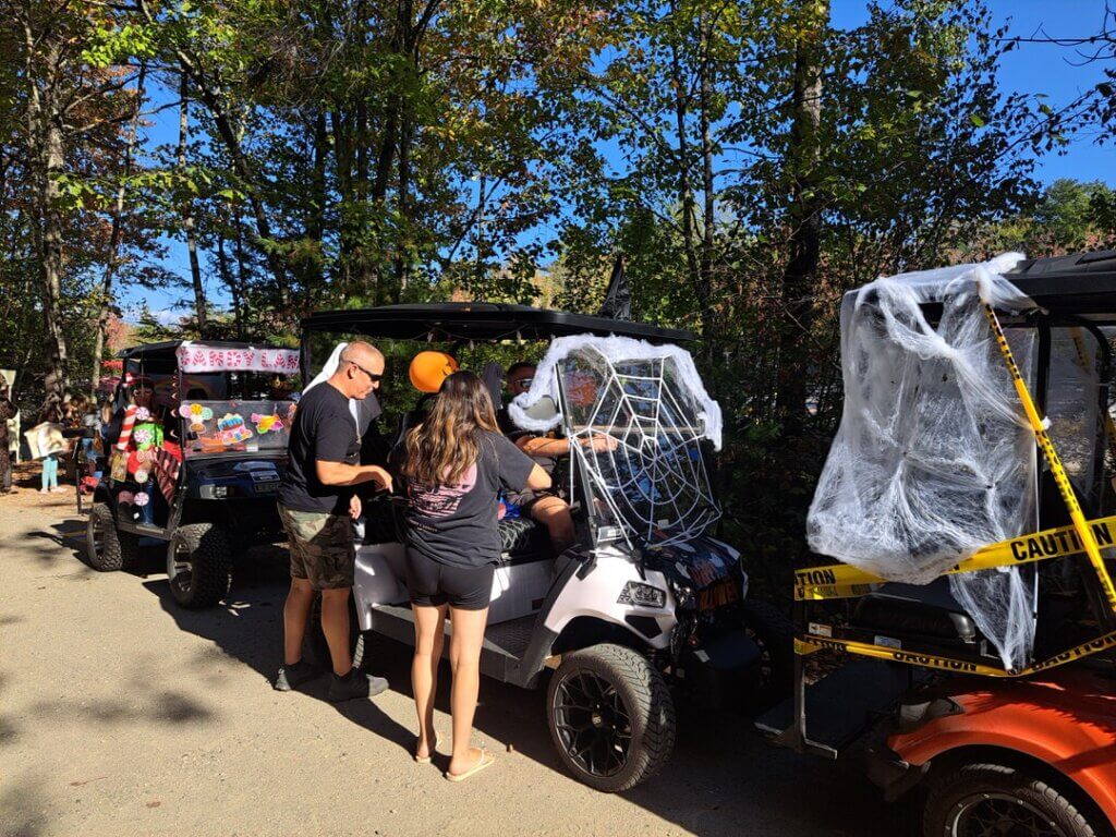 Golf cart decorated for the 2025 Halloween Parade at Point Sebago Resort in Casco, Maine.