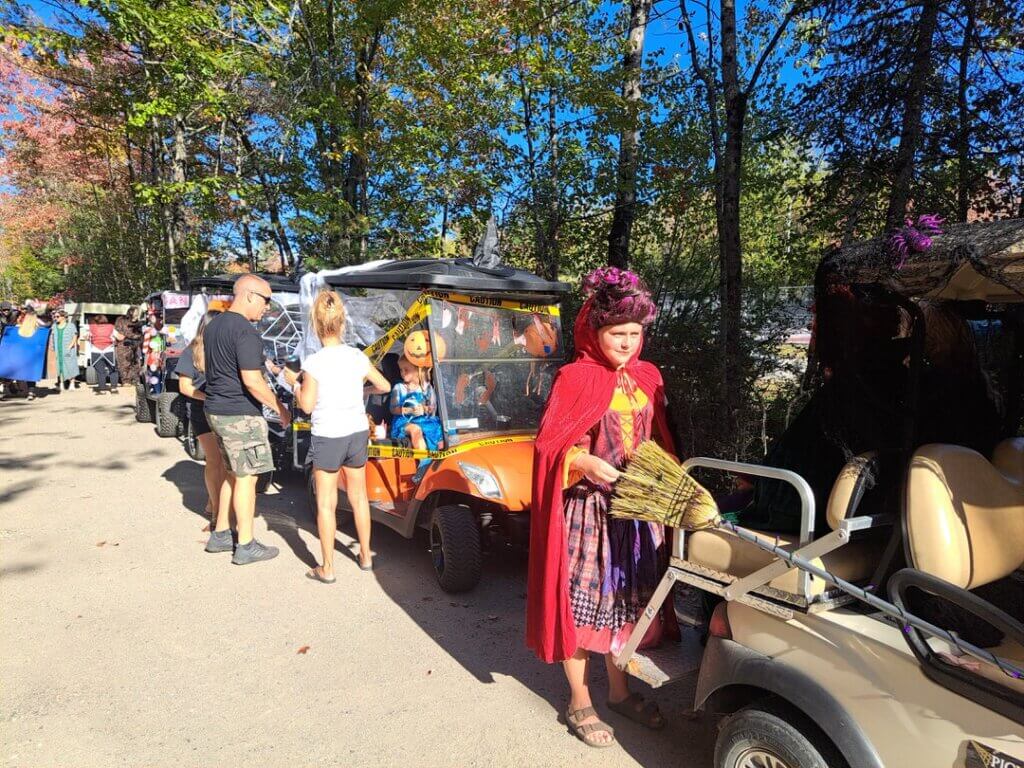 Golf cart decorated for the 2025 Halloween Parade at Point Sebago Resort in Casco, Maine.