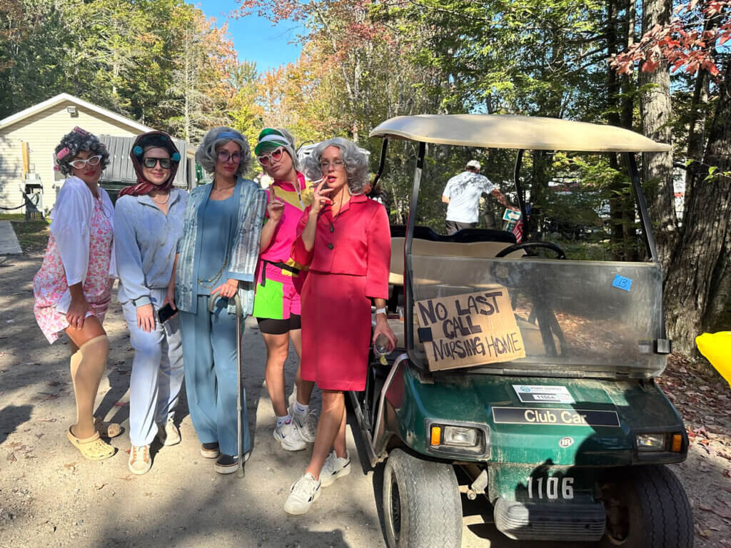 Guests dressed like old ladies for the Halloween Parade at Point Sebago Resort in Maine.