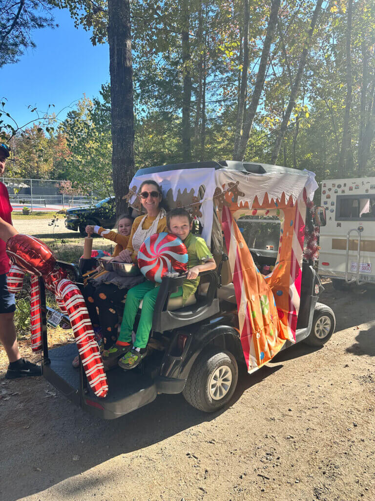 Golf cart decorated for the 2025 Halloween Parade at Point Sebago Resort in Casco, Maine.