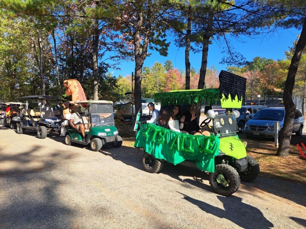 Golf cart decorated for the 2025 Halloween Parade at Point Sebago Resort in Casco, Maine.
