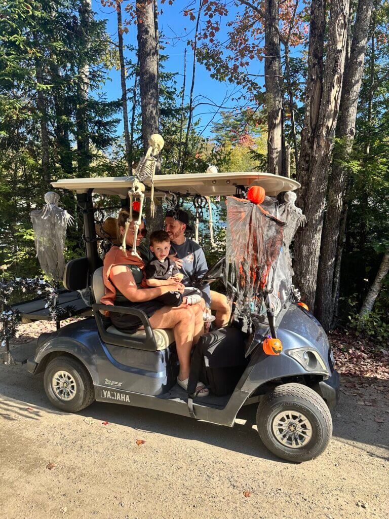 Golf cart decorated for the 2025 Halloween Parade at Point Sebago Resort in Casco, Maine.