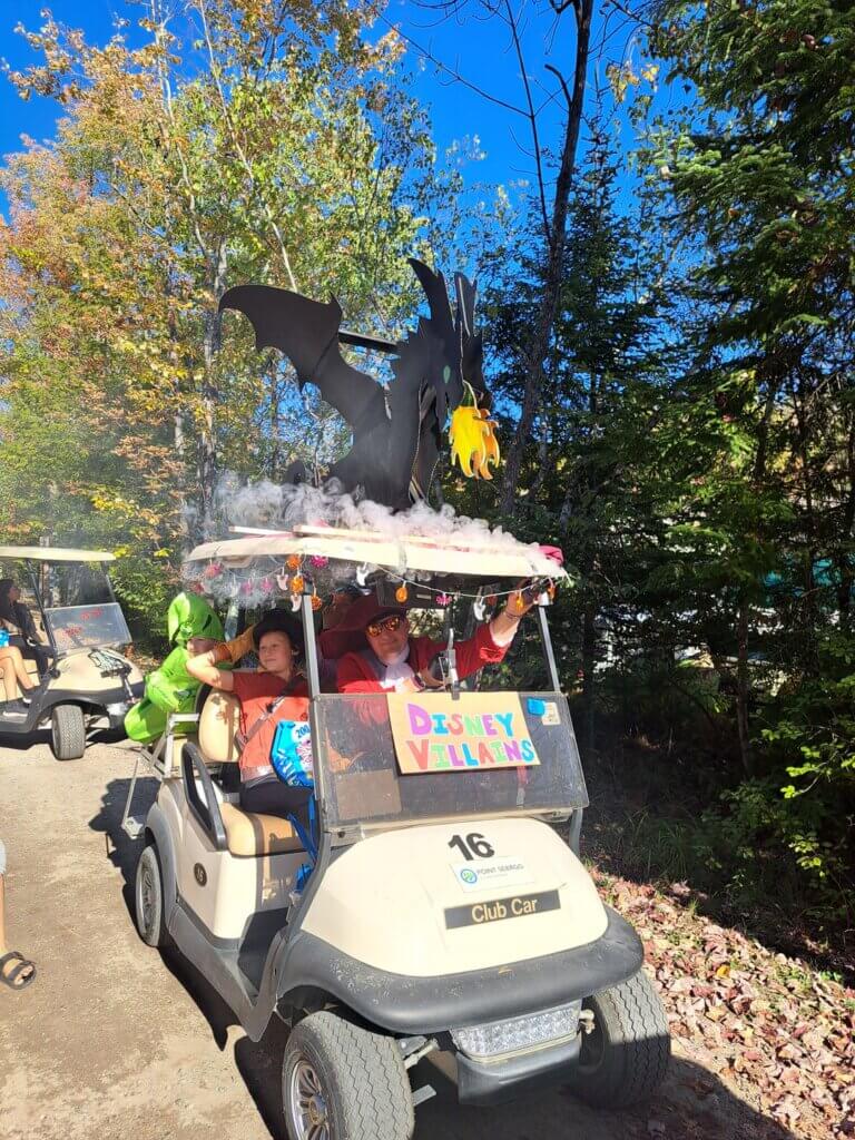 Golf cart decorated for the 2025 Halloween Parade at Point Sebago Resort in Casco, Maine.