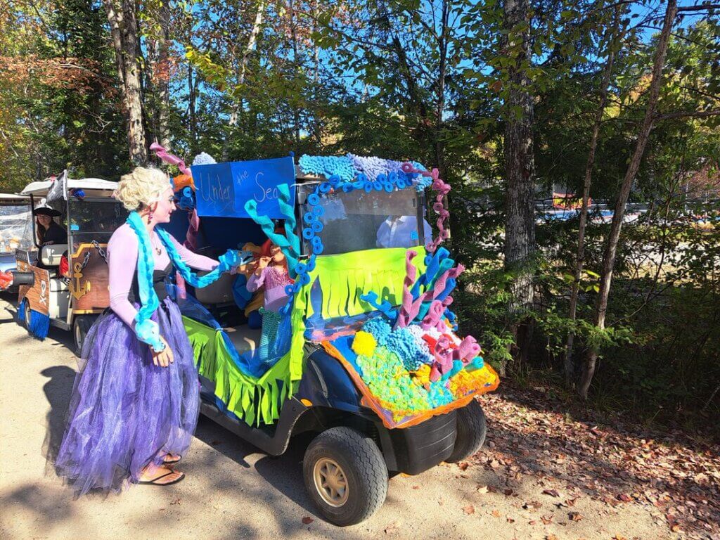 Golf cart decorated for the 2025 Halloween Parade at Point Sebago Resort in Casco, Maine.