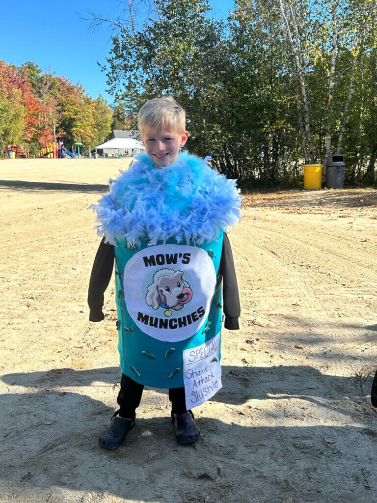 Kid dressed as a Mow&#039;s Munchies Drink in the Halloween Costume Contest at Point Sebago Resort in Casco, Maine.