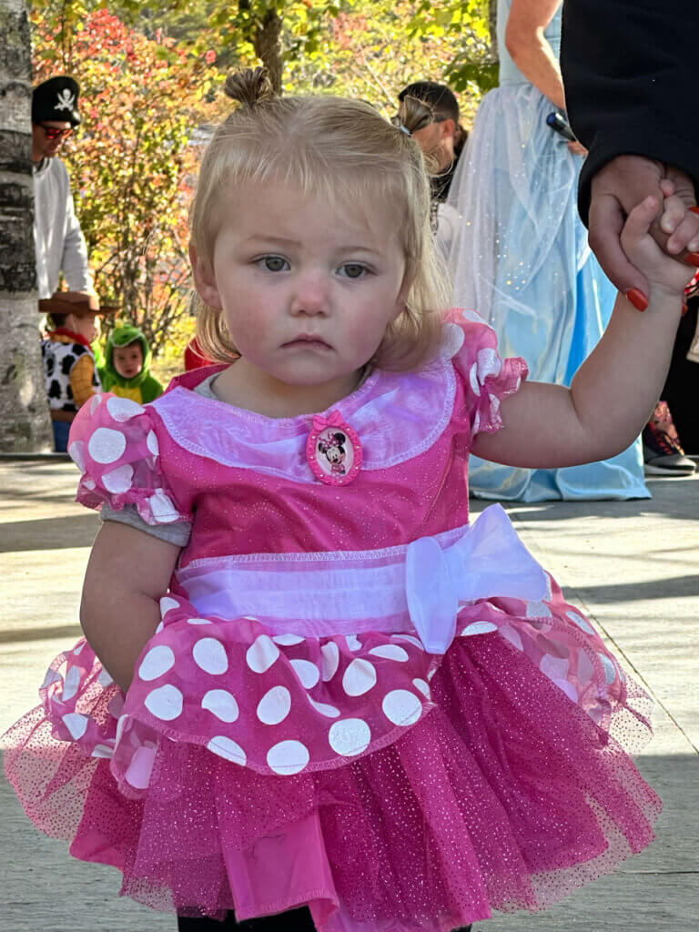 Little girl dressed as Minnie Mouse in the Halloween Costume Contest at Point Sebago Resort in Casco, Maine.