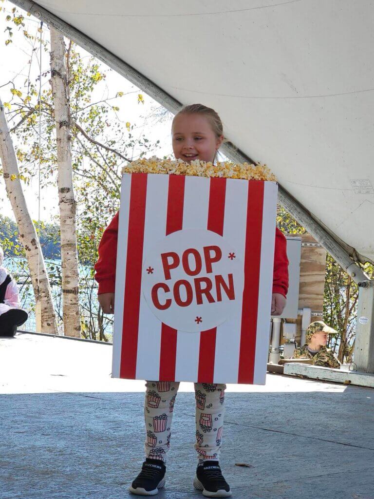 A kid dressed as popcorn in the Halloween Costume Contest at Point Sebago Resort in Casco, Maine.