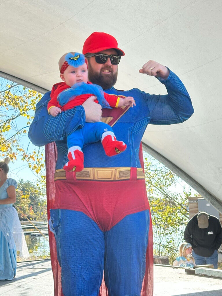 Father and daughter dressed as Superman for the Halloween Costume Contest at Point Sebago Resort in Casco, Maine.