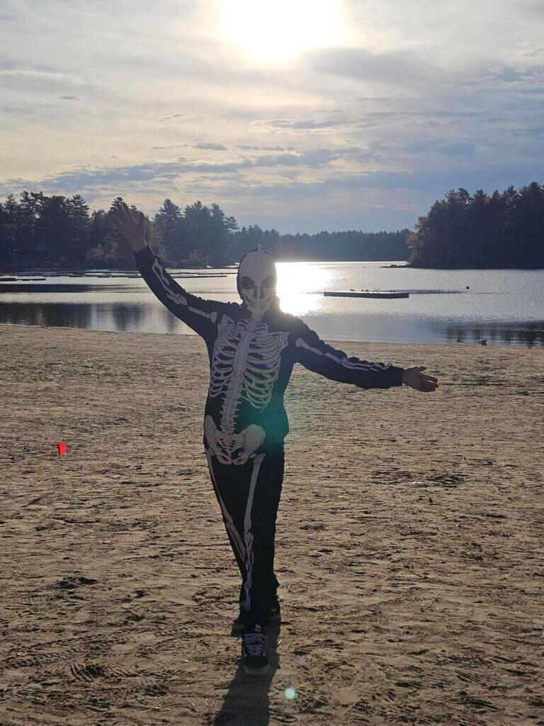 A skeleton on Sebago Lake in the Halloween Costume Contest at Point Sebago Resort in Casco, Maine.