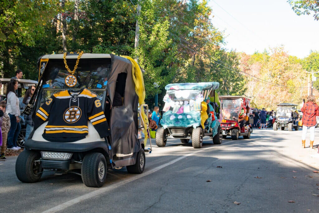 A hockey themed golf cart in the Halloween Parade at Point Sebago Resort in Maine. Photo courtesy of Dave Rando Photography.