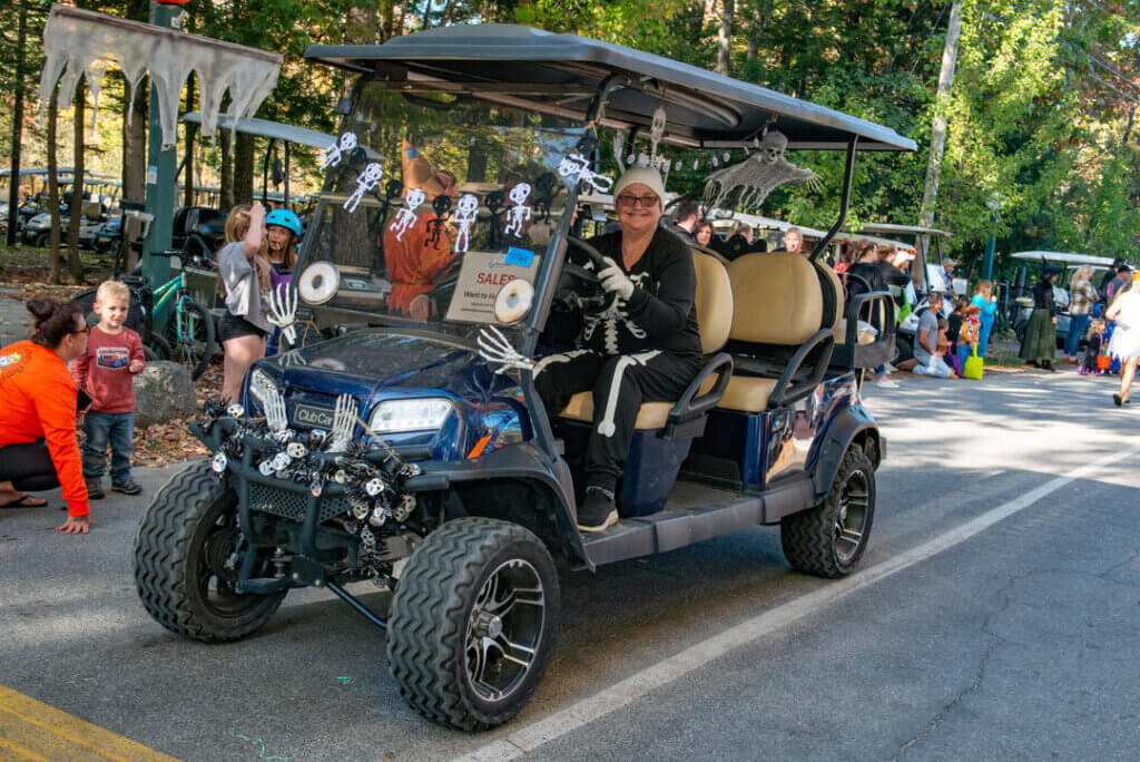 A Halloween themed golf cart in the Halloween Parade at Point Sebago Resort in Maine. Photo courtesy of Dave Rando Photography.