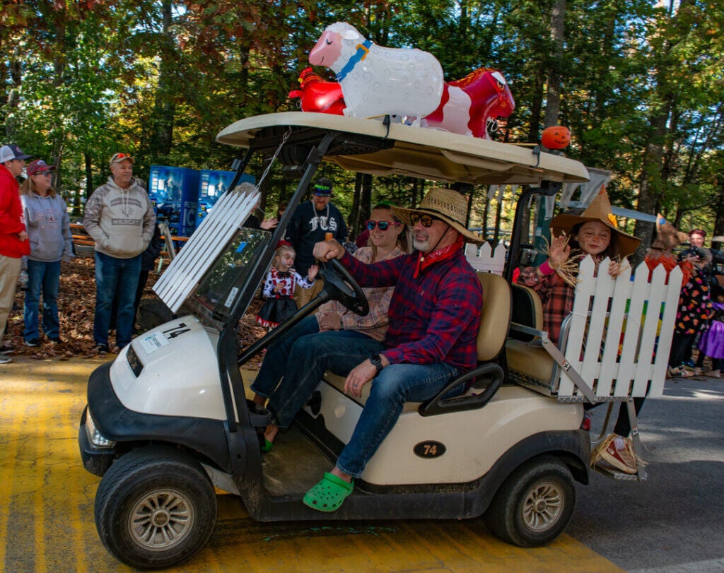 A farm themed golf cart in the Halloween Parade at Point Sebago Resort in Maine. Photo courtesy of Dave Rando Photography.