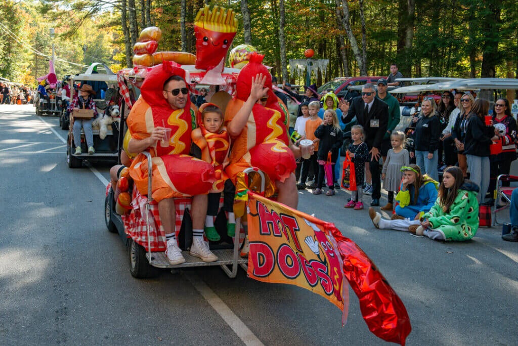 A hot dog themed golf cart in the Halloween Parade at Point Sebago Resort in Maine. Photo courtesy of Dave Rando Photography.