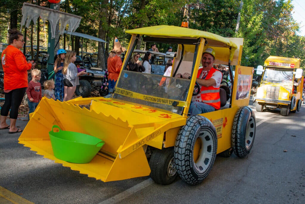 A zombie themed golf cart in the Halloween Parade at Point Sebago Resort in Maine. Photo courtesy of Dave Rando Photography.