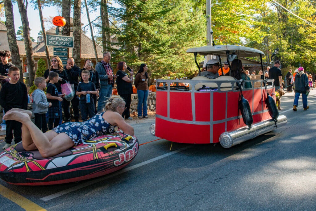 A Sebago Lake themed golf cart in the Halloween Parade at Point Sebago Resort in Maine. Photo courtesy of Dave Rando Photography.