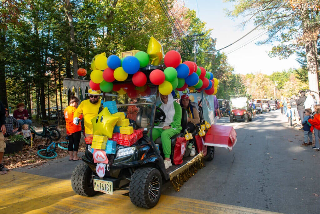 A Nintendo themed golf cart in the Halloween Parade at Point Sebago Resort in Maine. Photo courtesy of Dave Rando Photography.