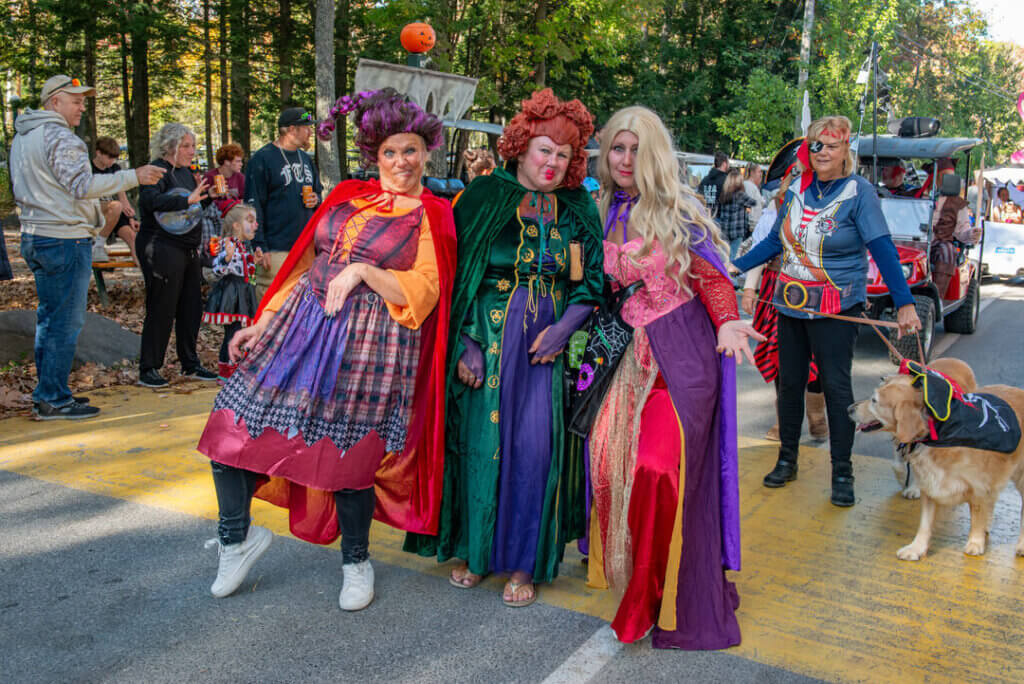 Guests dressed as the characters from Hocus Pocus in the Halloween Parade at Point Sebago Resort in Maine. Photo courtesy of Dave Rando Photography.