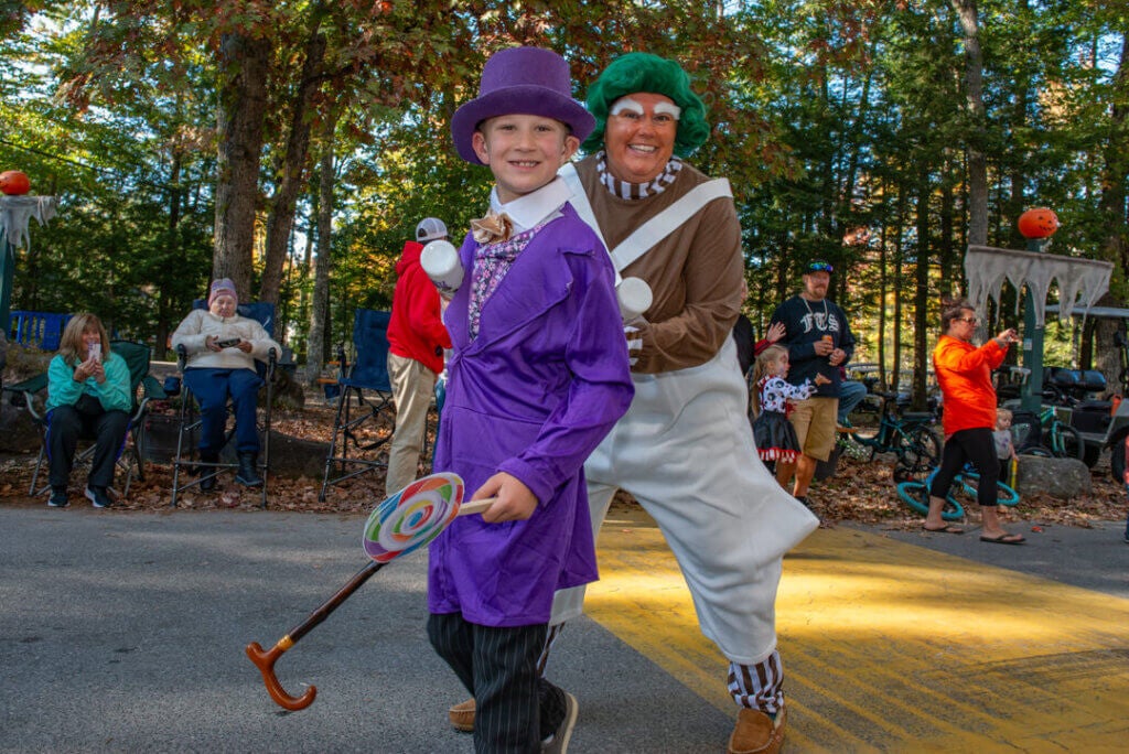 Guests dressed in Willy Wonka costumes in the Halloween Parade at Point Sebago Resort in Maine. Photo courtesy of Dave Rando Photography.