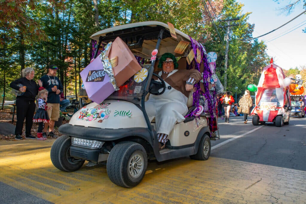 Wonka themed golf cart in the Halloween Parade at Point Sebago Resort in Maine. Photo courtesy of Dave Rando Photography.