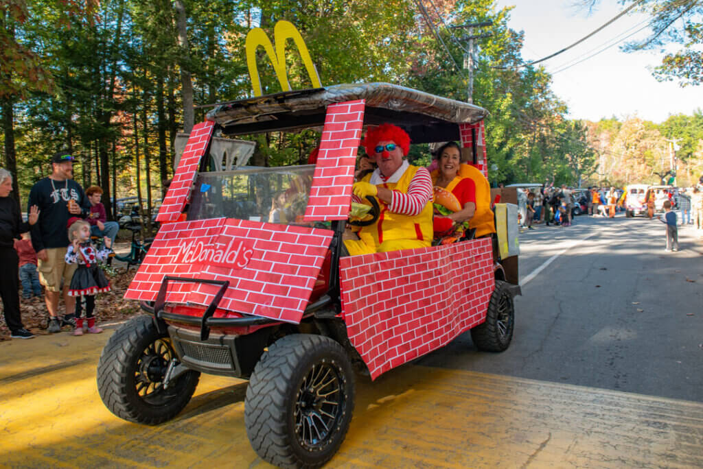 Ronald McDonald themed golf cart in the Halloween Parade at Point Sebago Resort in Maine. Photo courtesy of Dave Rando Photography.