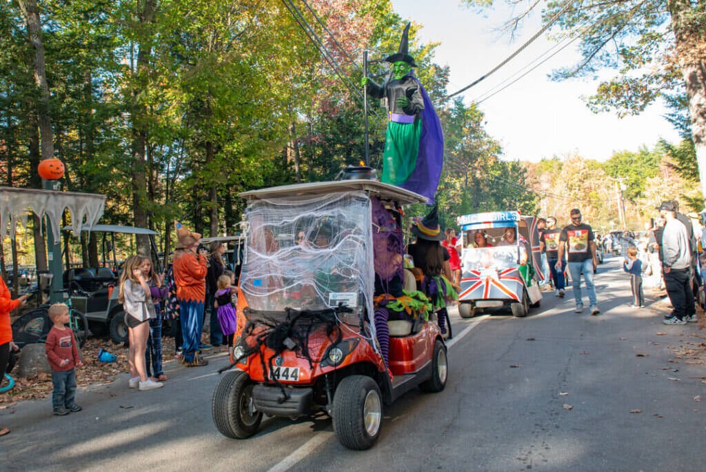 Decorated golf cart in the Halloween Parade at Point Sebago Resort in Maine. Photo courtesy of Dave Rando Photography.