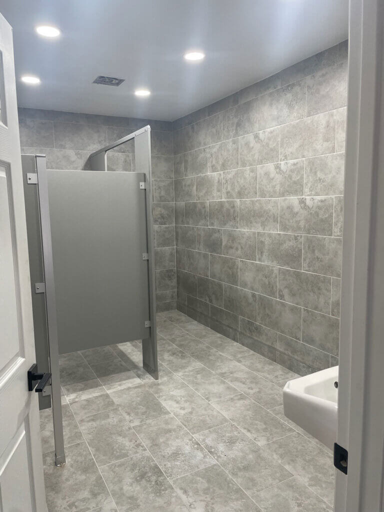 The renovated bathroom in the West Clubhouse at Rolling Greens Village in Ocala, Florida.