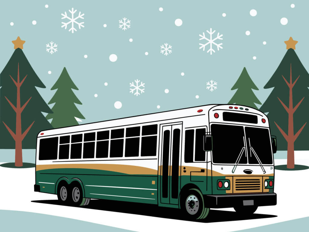 Graphic of a tour bus in the snow at Christmas.