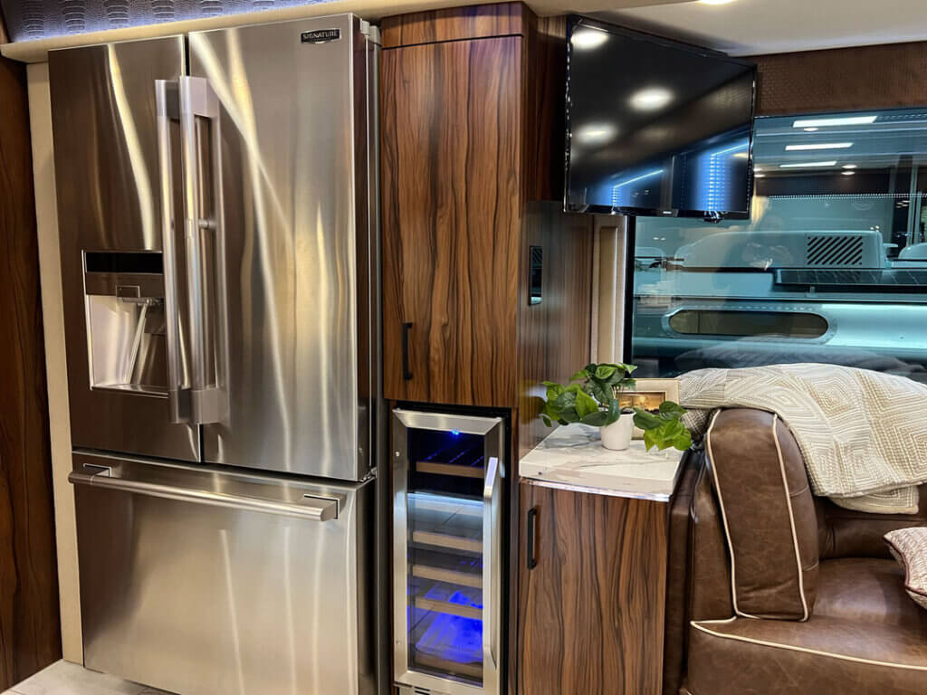 Foretravel_Motorcoach_frdige Inside a Foretravel Motorcoach at the 2025 Florida RV SuperShow in Tampa