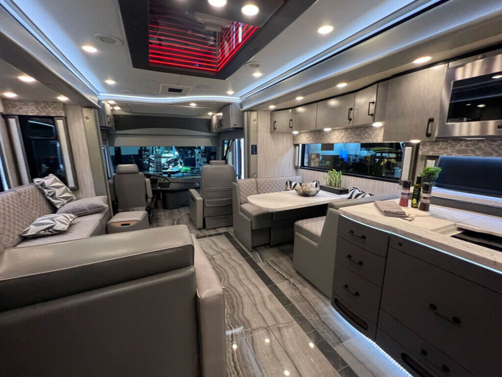 Foretravel_Motorcoach_living_view Inside a Foretravel Motorcoach at the 2025 Florida RV SuperShow in Tampa