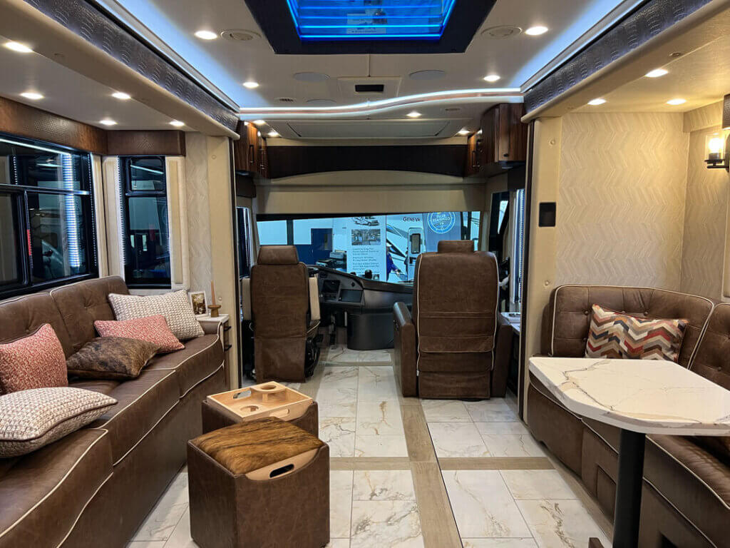 Foretravel_motorcoach_center Inside a Foretravel Motorcoach at the 2025 Florida RV SuperShow in Tampa