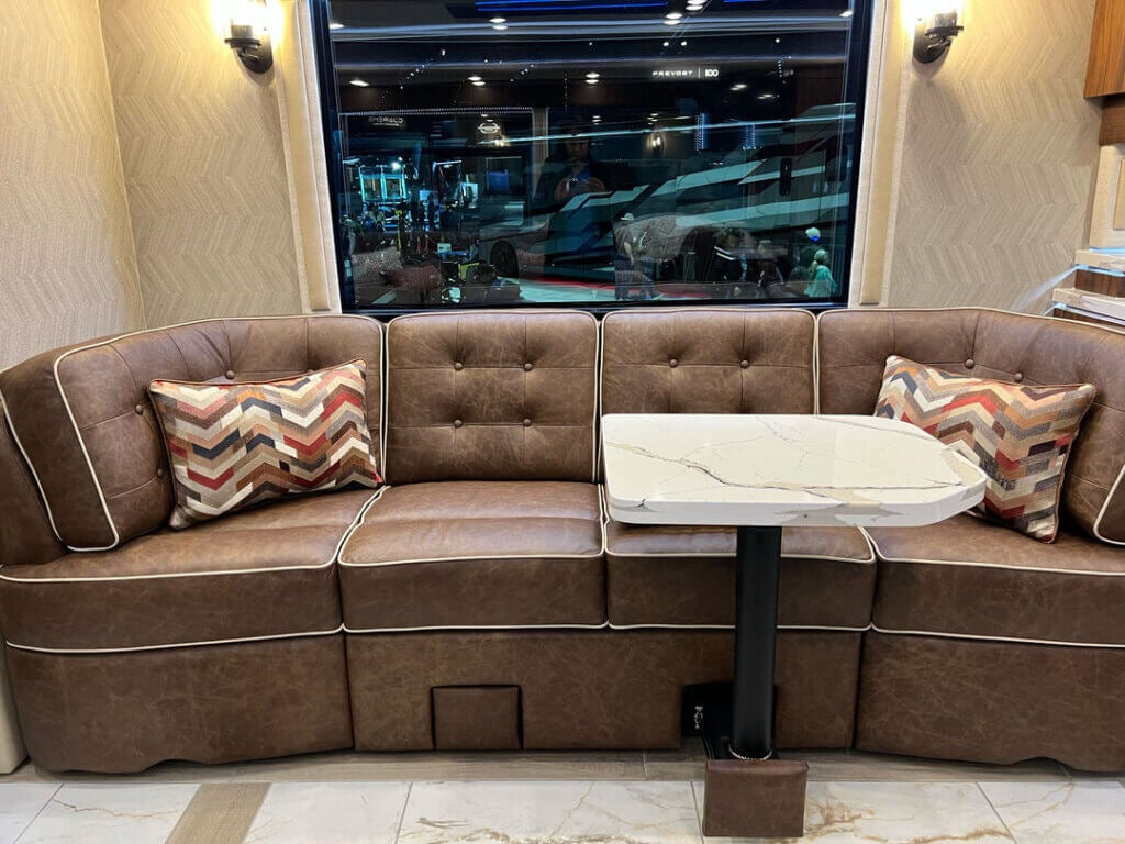 Foretravel_motorcoach_couch Inside a Foretravel Motorcoach at the 2025 Florida RV SuperShow in Tampa
