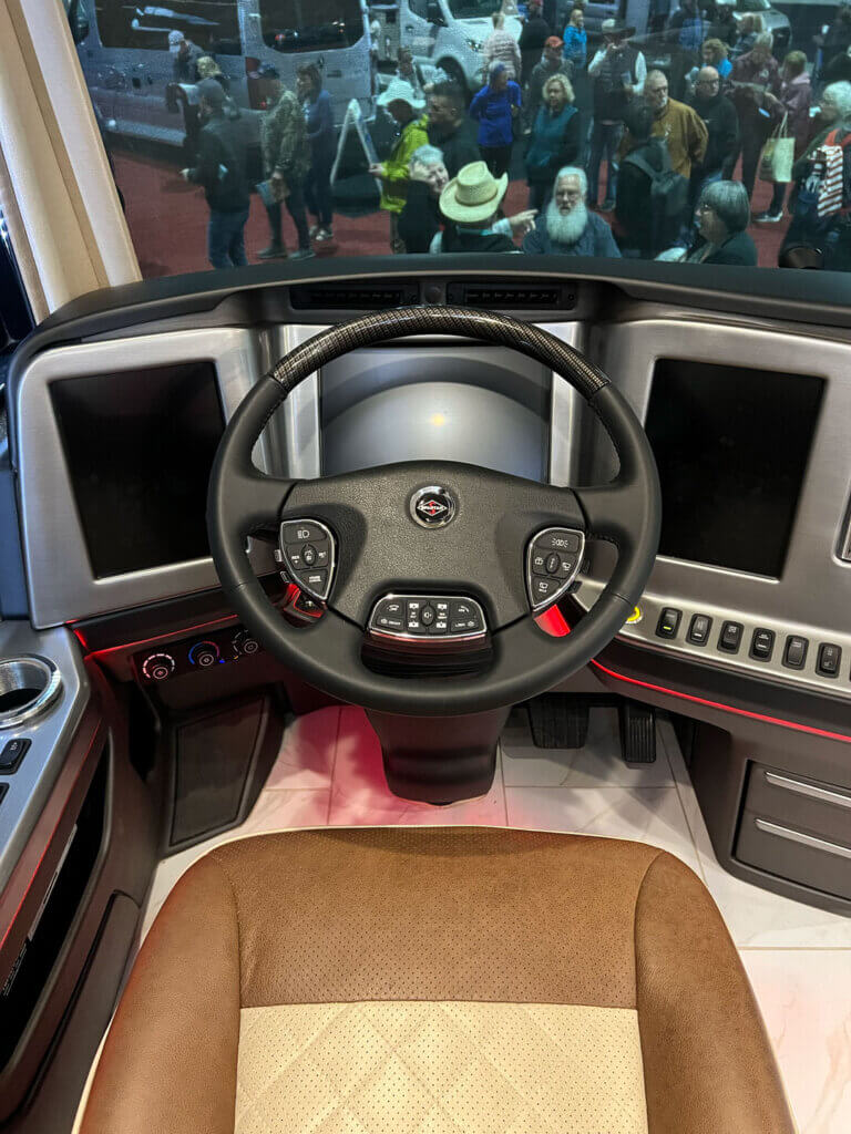 Foretravel_motorcoach_driver_view Inside a Foretravel Motorcoach at the 2025 Florida RV SuperShow in Tampa