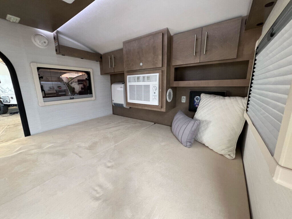 Inside a nuCamp teadrop trailer at the 2025 Florida RV SuperShow in Tampa