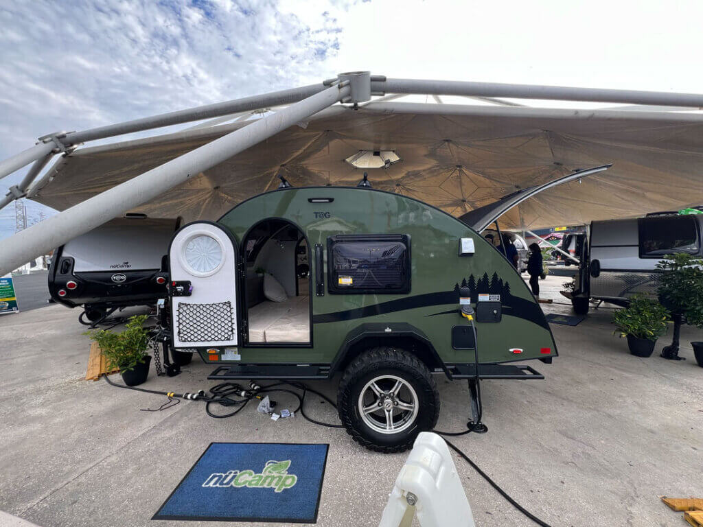 A nuCamp teadrop trailer at the 2025 Florida RV SuperShow in Tampa